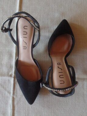 Unisa Black Rhinestone Ankle Strap D'Orsay Heels Size 8M